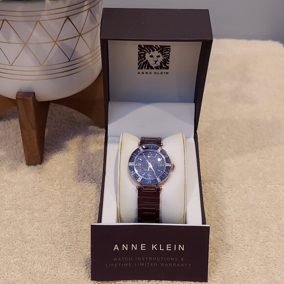 NIB ANNE KLEIN ROSE GOLD TONE BROWN CERAMIC WATCH WITH SWAROVSKI CRYSTALS - Picture 12 of 15